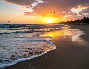 Naklejka premium Sunrise over a tranquil beach (1)