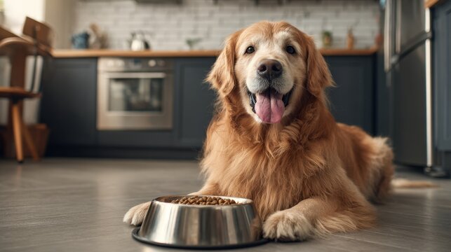 A happy golden retriever dog with a bowl of food in the kitchen.