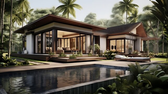 Tropical paradise villa with pool reflecting the lush surrounding palm trees on a sunny day