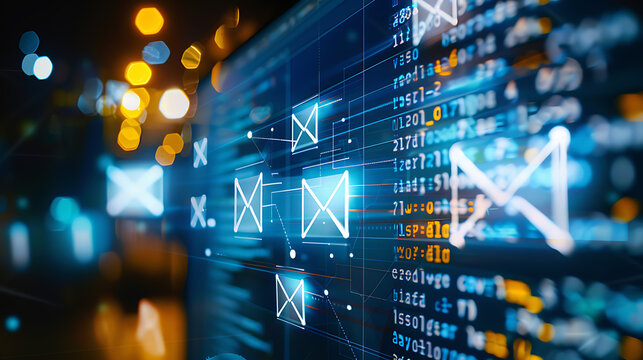 Digital data stream with email icons and code on a futuristic interface