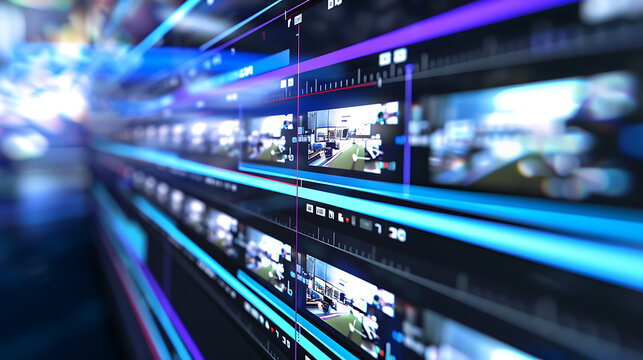Digital video editing interface with multiple playback timelines and monitor screens displaying office footage