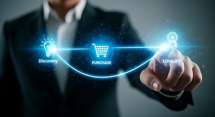 3D customer journey map concept. A holographic light path shows the customer journey stages with icons, with a hand pointing to the final loyalty stage.
