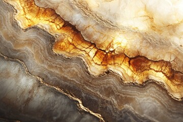 Fototapeta premium Close-up view of a polished onyx stone showing its intricate layers, veins, and warm color palette.