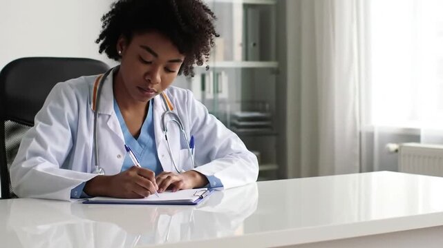 Focused doctor at desk, writing on clipboard. White coat, stethoscope, and bright, clean office create a professional medical setting