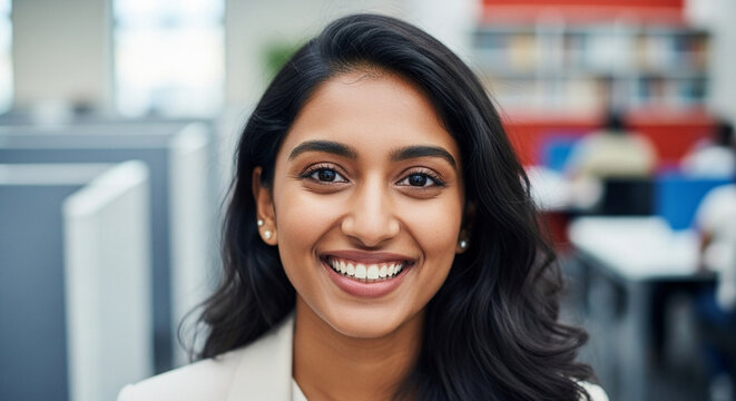 Vertical portrait of cheerful smiling latin hispanic female manager in office or student in university campus. Young indian specialist, business woman looking happy at camera standing at workplace - Powered by Adobe