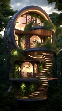 Unique modern treehouse design nestled in a vibrant forest illuminated by warm internal lighting
