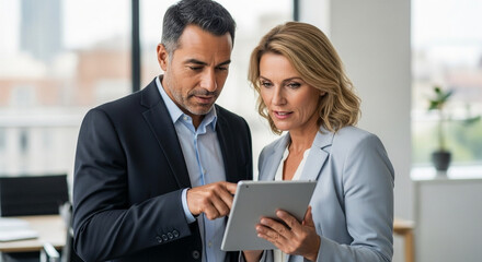 Vertical portrait of mature Latin businessman and European businesswoman discussing project on tablet in office. Two diverse partners colleagues of confident professional businesspeople work together.