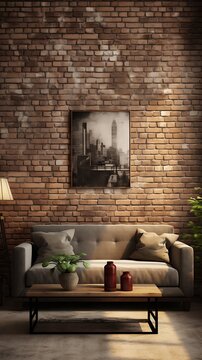 Urban living space featuring exposed brick wall and monochromatic city artwork evoking serene