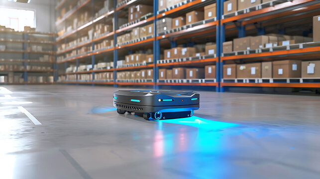 Autonomous robot operating in a warehouse with shelving and boxes