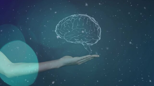 On teal bokeh shifting arm extending holding rotating hologram brain highlighting neural structure
