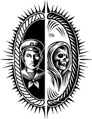 SVG tattoo portraits of ghostly sailors with skull motifs. Duality of Life and Death in Stylized Sailor and Grim Reaper Art