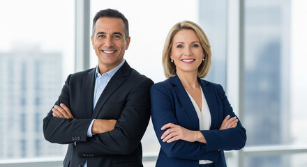 Vertical portrait of smiling mature Latin hispanic business man and European business woman standing arms crossed in office. Diverse colleagues, group team of confident professional business people.