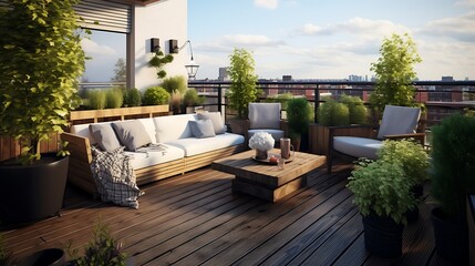Stylish rooftop patio with garden plants and skyline view offering serene urban escape