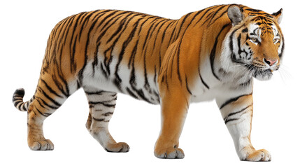 Fototapeta premium Majestic Tiger in motion: Witness the captivating beauty and power of a regal tiger, its striking stripes a testament to its wild spirit and untamed grace.