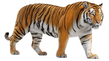 Majestic Tiger in motion: Witness the captivating beauty and power of a regal tiger, its striking stripes a testament to its wild spirit and untamed grace.