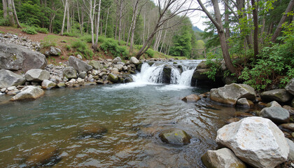 Fototapeta premium Small waterfall flowing over rocks in a serene natural landscape 