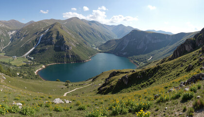 Fototapeta premium Scenic mountain landscape with lake and green hills under blue sky 