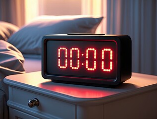 a classic black digital alarm clock resting on a bedside table beside a bed
