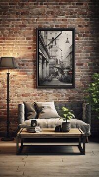 Urban sanctuary: a vintage street view framed above a cozy couch in a brick-walled room