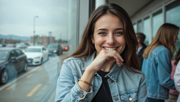 Young woman smiling while sitting by window in casual cafe