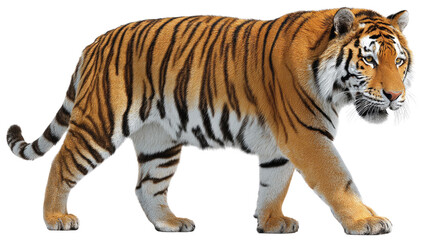 Obraz premium Majestic Tiger: A powerful tiger confidently strides, its vibrant orange and black stripes a symbol of strength and wild beauty. Capturing its raw, untamed essence.