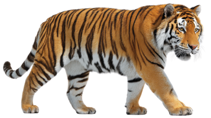 Majestic Tiger: A powerful tiger confidently strides, its vibrant orange and black stripes a symbol of strength and wild beauty. Capturing its raw, untamed essence.