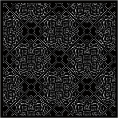 Black background with figures from dots . Black and white pattern for web page, textures, poster, card, fabric, textile. Repeating design.