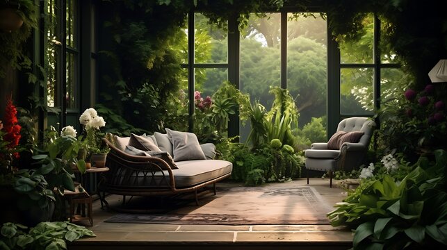 Verdant interior sanctuary featuring plush seating enveloped in lush flora and natural light