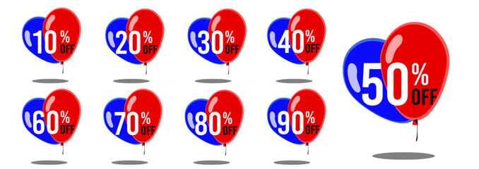 10% off 20% off 30% off 40% off 50% off 60% off 70% off 80% off 90% off, ten twenty thirty forty fifty sixty seventy eighty ninety percent off, balloon, sale, dollar, economy, retail, tariff, set.