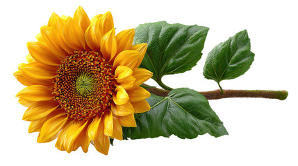 Sunflower in Bloom: A vibrant, single sunflower, its radiant yellow petals in full bloom, lies isolated against a neutral background, displaying its stem and leaves.
