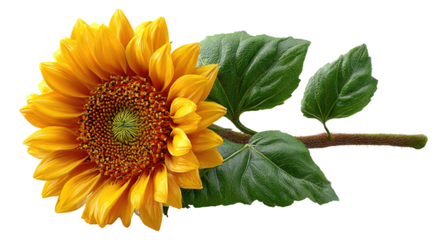 Sunflower in Bloom: A vibrant, single sunflower, its radiant yellow petals in full bloom, lies isolated against a neutral background, displaying its stem and leaves.