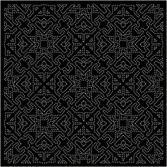 Black background with figures from dots . Black and white pattern for web page, textures, poster, card, fabric, textile. Repeating design.