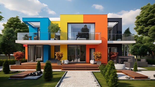 Vibrant modern architectural design showcasing a contemporary home with colorful facade and