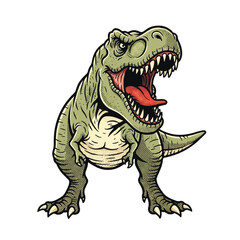 Fototapeta premium Vintage-style illustration of an angry T-Rex with its mouth open, showcasing sharp teeth and a red tongue on a clean white background.