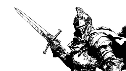 A fierce medieval warrior, armored, raises his sword in a vintage vector illustration of a knight