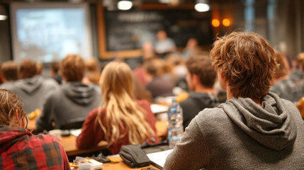 Fototapeta premium A classroom scene shows rows of students listening to a lecturer at the front, with chalkboard and screens softly blurred, conveying focus, learning, and a calm study atmosphere.