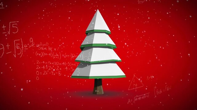 Red canvas opening, snow drifting around Christmas tree and equations appearing to celebrate math - Powered by Adobe
