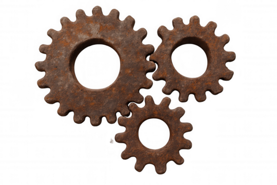 Rusty metal gears interlocking on a clear background, perfect for industrial or steampunk themes