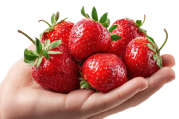 Handful of fresh ripe strawberries isolated on transparent background