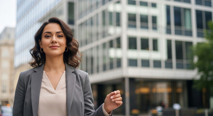 Back view indian or arabian middle aged female manager businesswoman office employee going to work. Young hispanic latin woman boss in stylish business clothes walking outside at busy city street