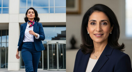 Back view indian or arabian middle aged female manager businesswoman office employee going to work. Young hispanic latin woman boss in stylish business clothes walking outside at busy city street