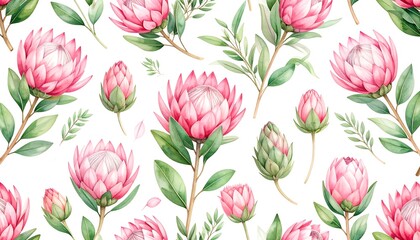 Watercolor botanical pattern of protea flowers and leaves