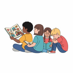 Four diverse children sitting on the floor, engrossed in reading various books together, fostering a love for literature and learning.