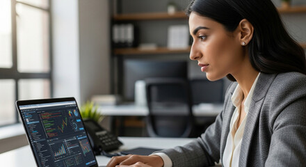 Young Indian business woman manager ceo using cell phone mobile app laptop. Smiling Latin Hispanic mature female businesswoman holding smartphone in office trading, reading, working online. Copy space