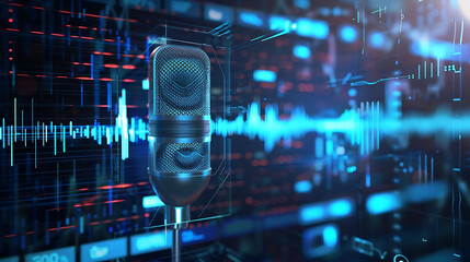 Fototapeta premium A professional microphone in front of a digital audio waveform and data interface, representing voice technology and sound analysis.