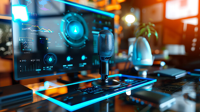 Modern workspace with a microphone and digital display showing futuristic interface elements