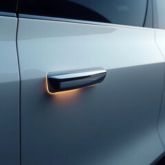 Fototapeta premium Close-up of a modern vehicle's sleek door handle, featuring a subtle amber ambient light, showcasing advanced automotive design and innovative technology in car exterior aesthetics