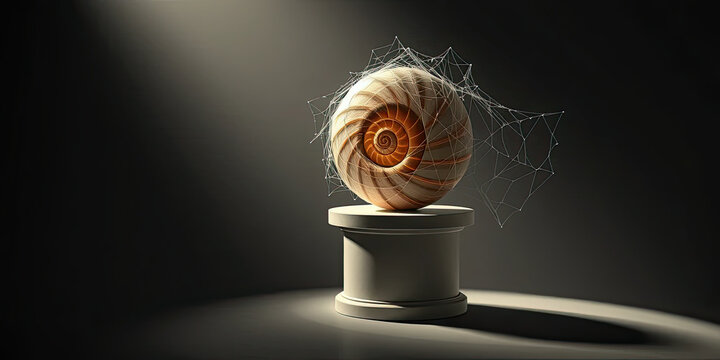Nautilus seashell with spiral pattern placed on pedestal under spotlight, artistic still life symbolizing fibonacci sequence, natural geometry, science and elegance  
