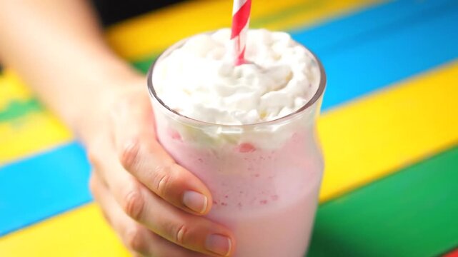Delicious strawberry milkshake with whipped cream in a glass
