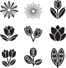 Set of Stylized Botanical and Abstract Nature Icons in Black and White